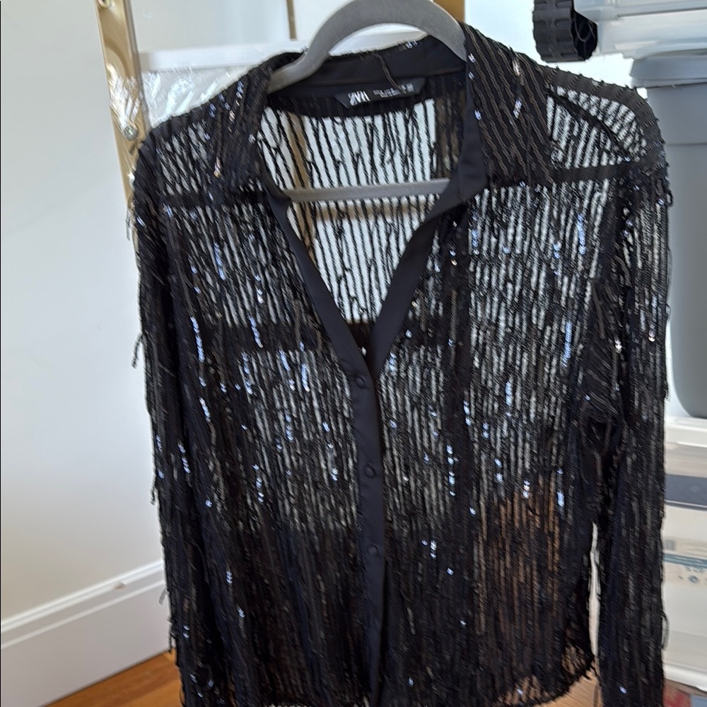 Zara Black Sequin Long Sleeve Blouse